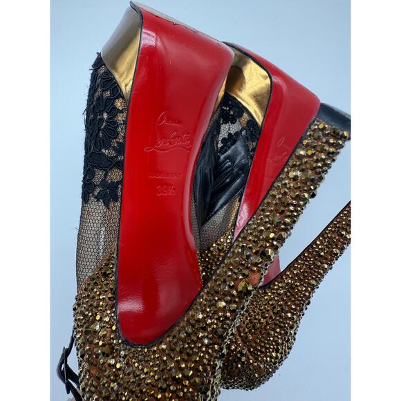 Christian Louboutin Mesh Lace Embroidered Glitter Peep Toe Pump Black Size 39.5 - Picture 14 of 14